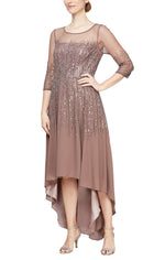 Hand Beaded High/Low Hem Dress with Illusion Neckline and Sleeves - alexevenings.com