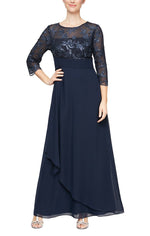 Long 3/4 Sleeve Gown with Embroidered Bodice, Pleated Waist and Asymmetric Cascade Skirt - alexevenings.com