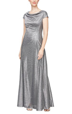 Long A-Line Cap Sleeve Metallic Knit Gown with Cowl Neck & Back Detail - alexevenings.com