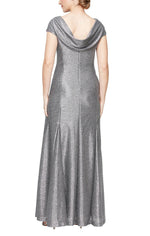 Long A-Line Cap Sleeve Metallic Knit Gown with Cowl Neck & Back Detail - alexevenings.com