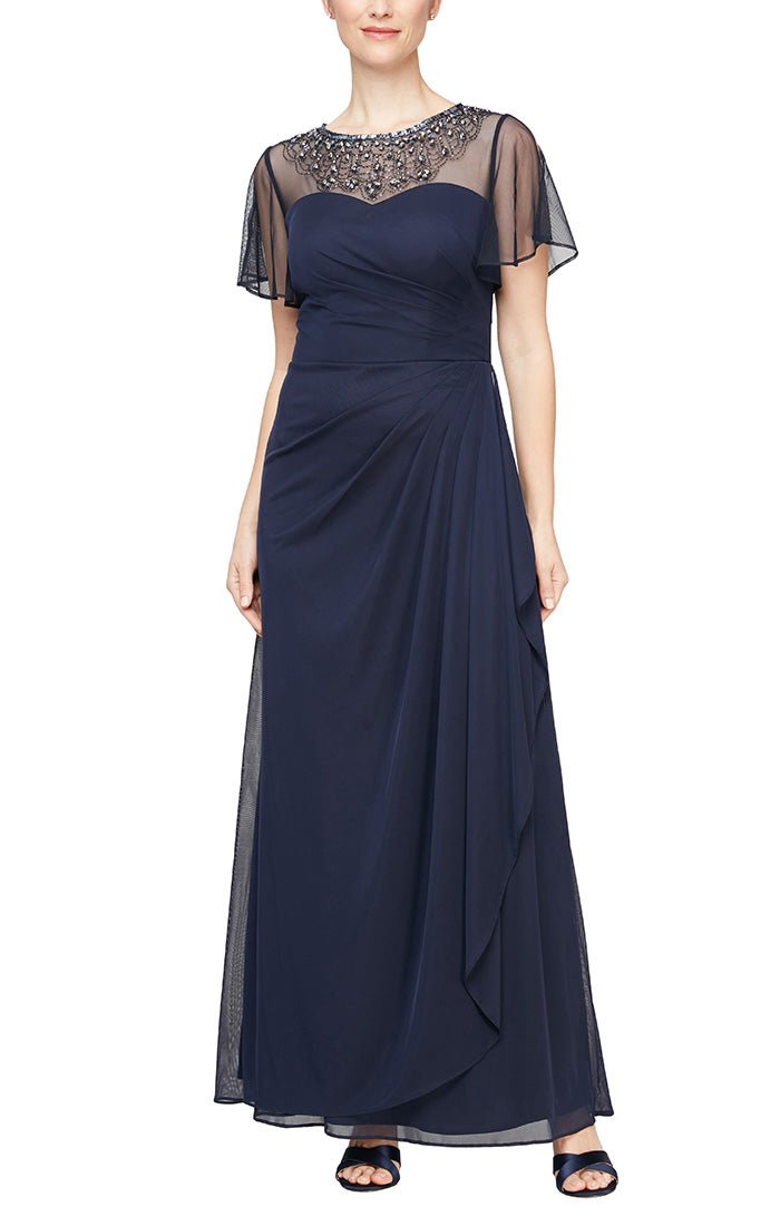Long A-Line Dress with Short Cold Shoulder Sleeves and Embellished Illusion Neckline - alexevenings.com