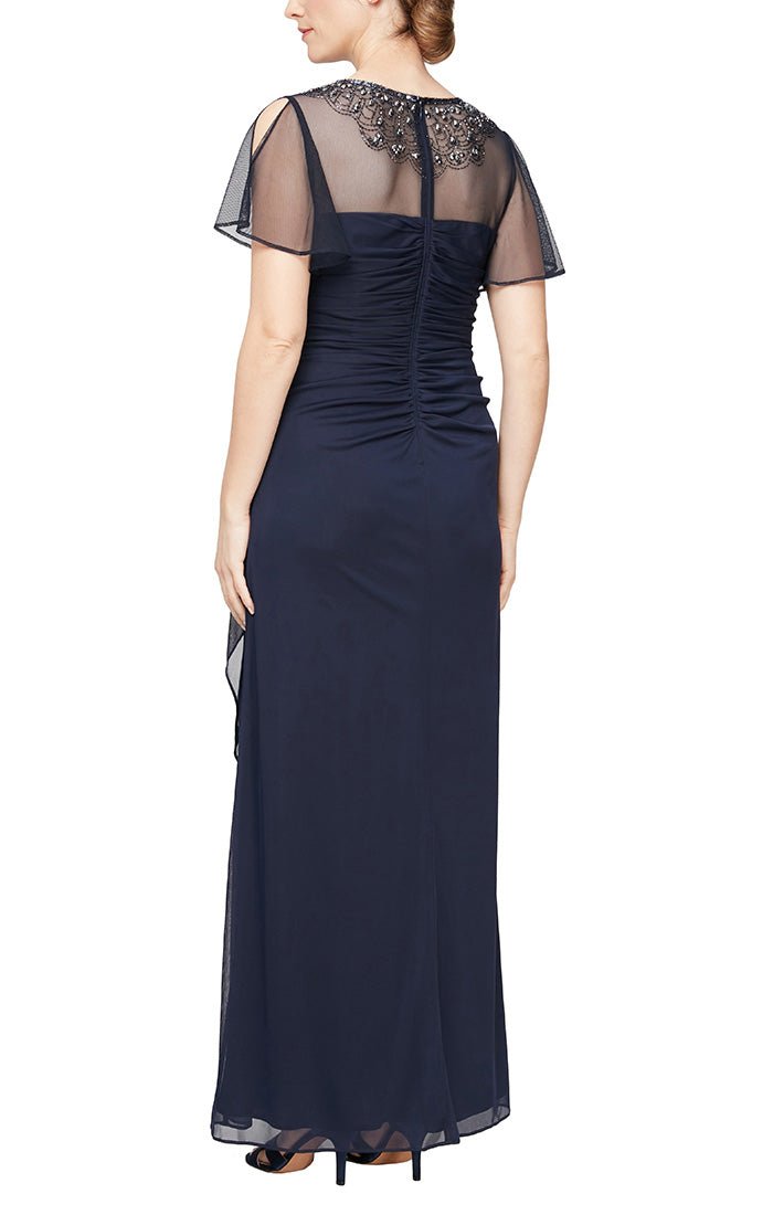 Long A-Line Dress with Short Cold Shoulder Sleeves and Embellished Illusion Neckline - alexevenings.com