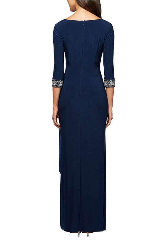 Long A-Line Dress With Side Ruched Cascade Skirt, Keyhole Cutout Neckline and Embllished Sleeves/Neckline - alexevenings.com