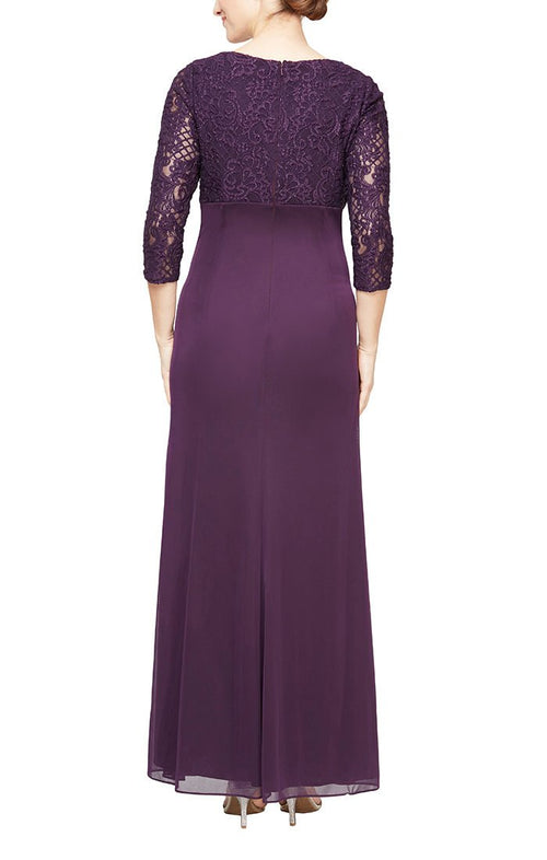 Long A-Line Empire Waist Lace & Mesh Dress with Surplice Neckline, Beaded Ruched Detail Cascade Skirt & Illusion Sleeves - alexevenings.com