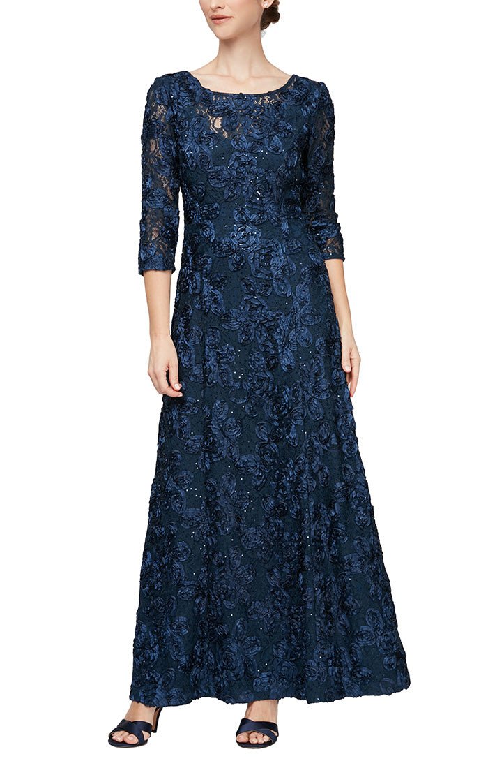Long A-Line Rosette Dress With Illusion 3/4 Sleeves - alexevenings.com