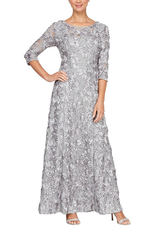 Long A-Line Rosette Dress With Illusion 3/4 Sleeves - alexevenings.com