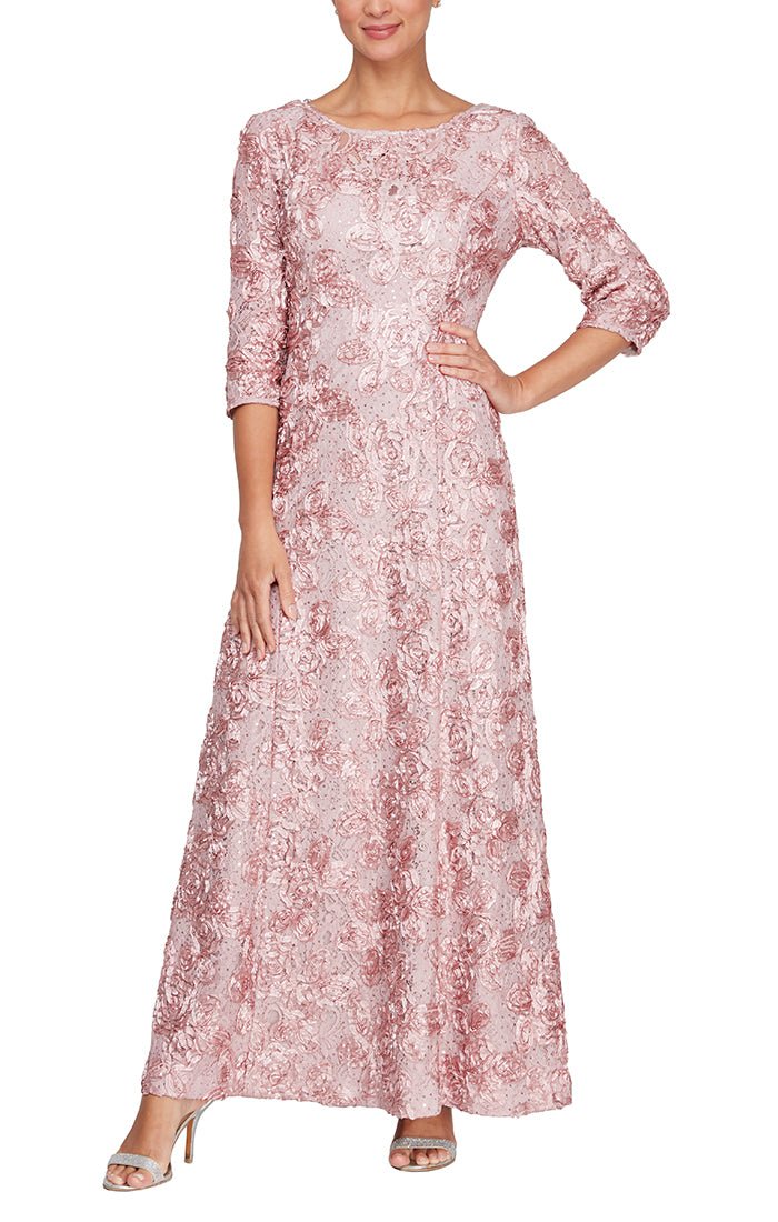Long A-Line Rosette Dress With Illusion 3/4 Sleeves - alexevenings.com