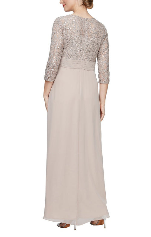Long A-Line Sequin Lace Empire Waist Dress with Pleated Detail and Overlay Skirt - alexevenings.com