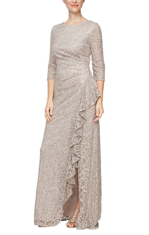 Sequin Lace Gown with 3 4 Sleeves Cascade Detail Front Slit