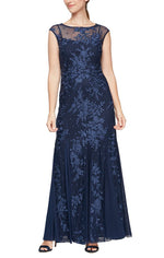 Long Cap Sleeve Embroidered Dress with Illusion Neckline and Godet Detail Skirt - alexevenings.com