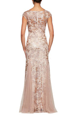 Long Cap Sleeve Embroidered Fit & Flare Dress with Godet Detail Skirt, Illusion V-Neckline & Tulle Shawl - alexevenings.com
