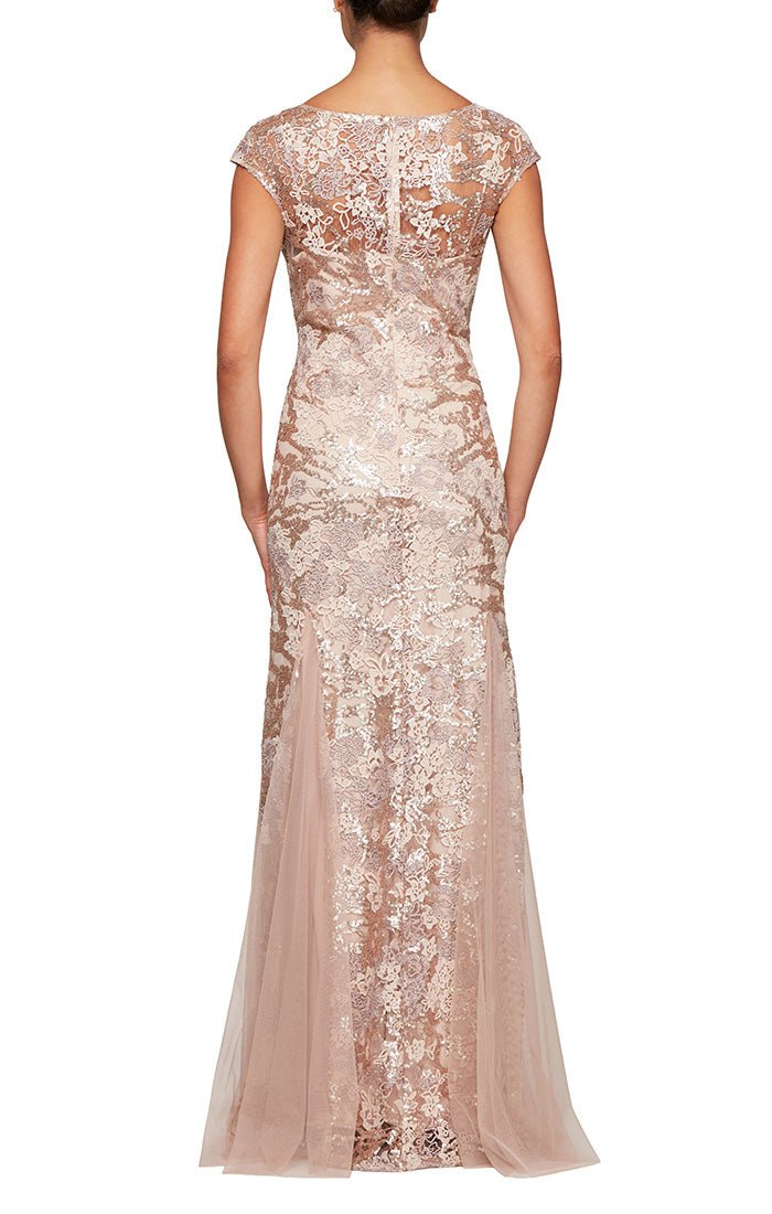 Embroidered Fit & Flare Gown with Godet Detail Skirt & Tulle Shawl