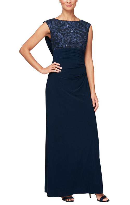 Long Cap Sleeve Empire Waist Dress with Matte Jersey Body and Cowl Back Detail with an Embroidered Sequin Lace Bodice - alexevenings.com