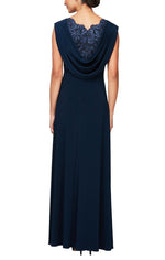 Long Cap Sleeve Empire Waist Dress with Matte Jersey Body and Cowl Back Detail with an Embroidered Sequin Lace Bodice - alexevenings.com