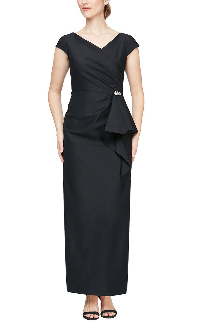 Long Cap Sleeve Sheath Dress with Surplice Neckline, Front Cascade Embelishment at Hip and Front Slit - alexevenings.com