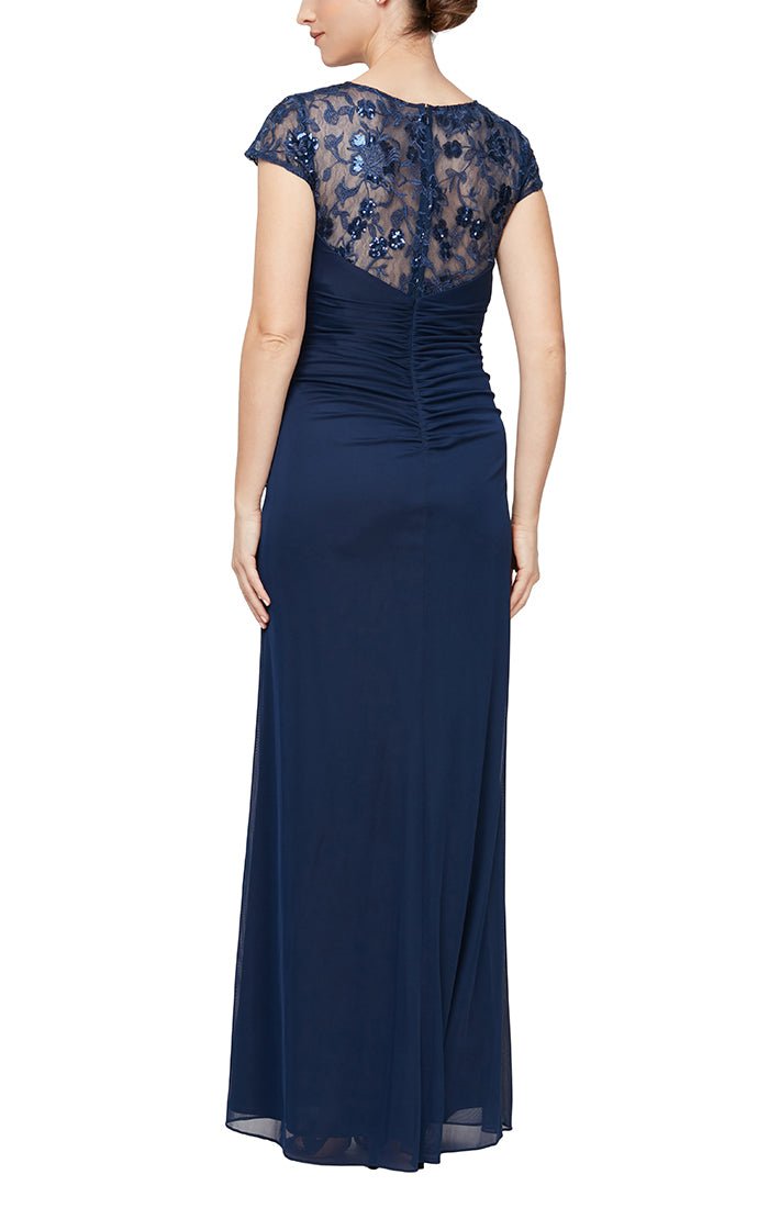 Long Cascade Detail Dress with Embroidered Illusion Neckline and Cap Sleeves - alexevenings.com