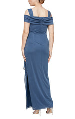 Long Cold Shoulder Mesh Dress with Cowl Neckline, Overlay Cascade Skirt and Embellished Detail at Hip - alexevenings.com