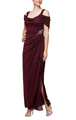 Long Cold Shoulder Mesh Dress with Cowl Neckline, Overlay Cascade Skirt and Embellished Detail at Hip - alexevenings.com