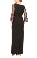 Long Column Dress With Heat Set Illusion Neckline and Bell Sleeves - alexevenings.com