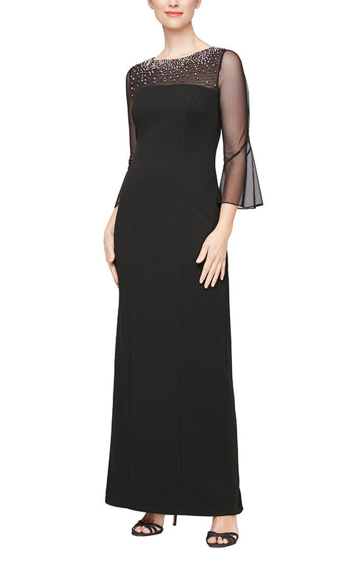 Long Column Dress With Heat Set Illusion Neckline and Bell Sleeves - alexevenings.com
