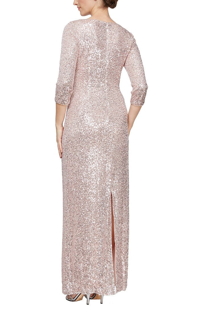 Long Column Sequin Gown with Surplice Neckline, 3/4 Sleeves and Knot Waist Detail - alexevenings.com