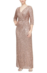 Long Column Sequin Gown with Surplice Neckline, 3/4 Sleeves and Knot Waist Detail - alexevenings.com