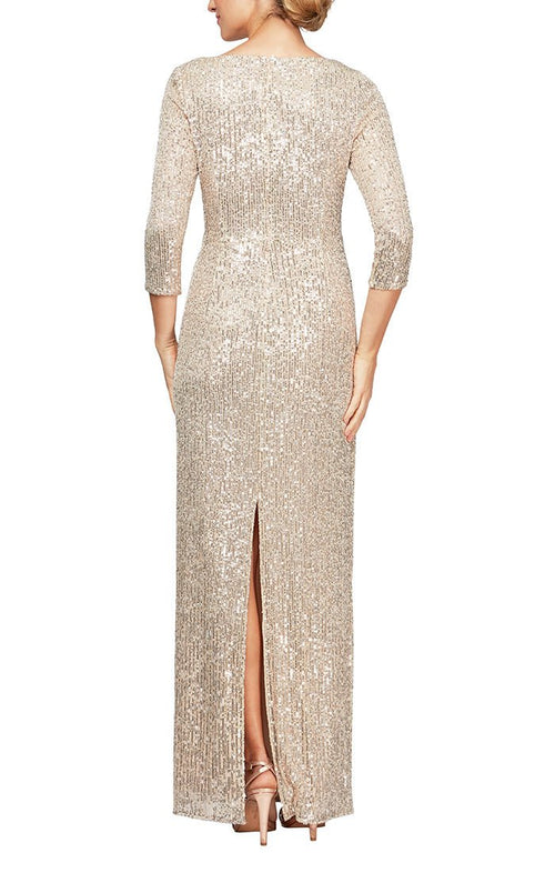 Long Column Sequin Gown with Surplice Neckline, 3/4 Sleeves and Knot Waist Detail - alexevenings.com