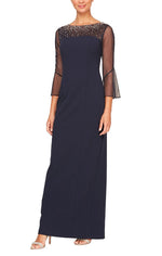 Long Column Stretch Crepe Gown with Heat Set Illusion Neckline & Bell Sleeves - alexevenings.com