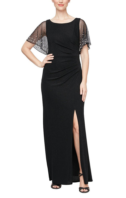 Long Embellished Flutter Sleeve Metallic Knit Dress with Ruched Waist Detail and Front Slit - alexevenings.com