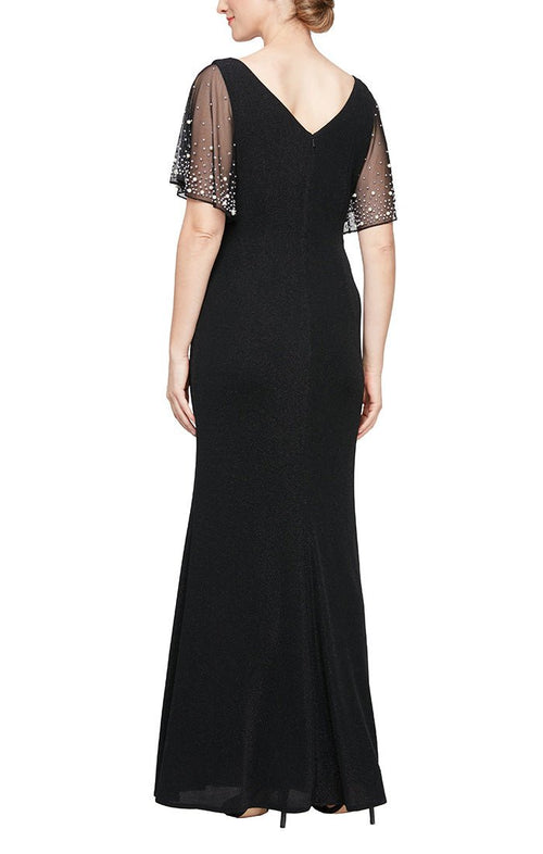 Long Embellished Flutter Sleeve Metallic Knit Dress with Ruched Waist Detail and Front Slit - alexevenings.com