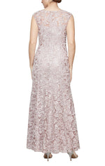 Long Embroidered Fit & Flare Dress with Illusion Neckline and Shawl - alexevenings.com