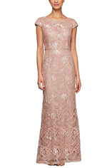 Long Embroidered Gown with Cap Sleeves & Sequin Detail - alexevenings.com