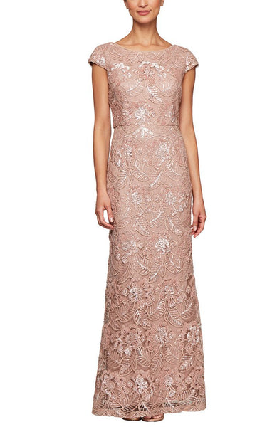 NGF Long Embroidered Gown with Cap Sleeves Sequin Detail