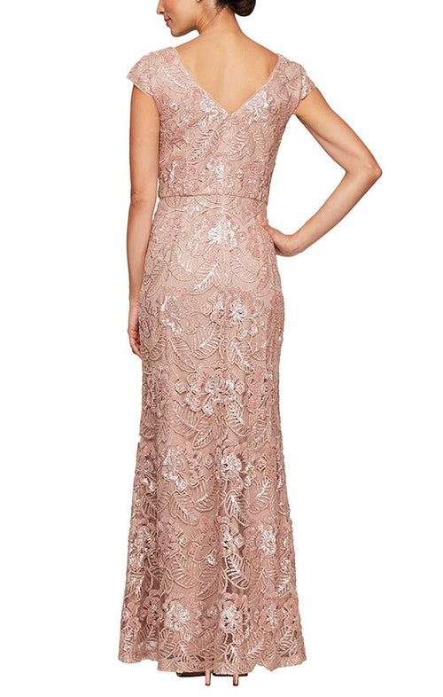 Long Embroidered Gown with Cap Sleeves & Sequin Detail - alexevenings.com
