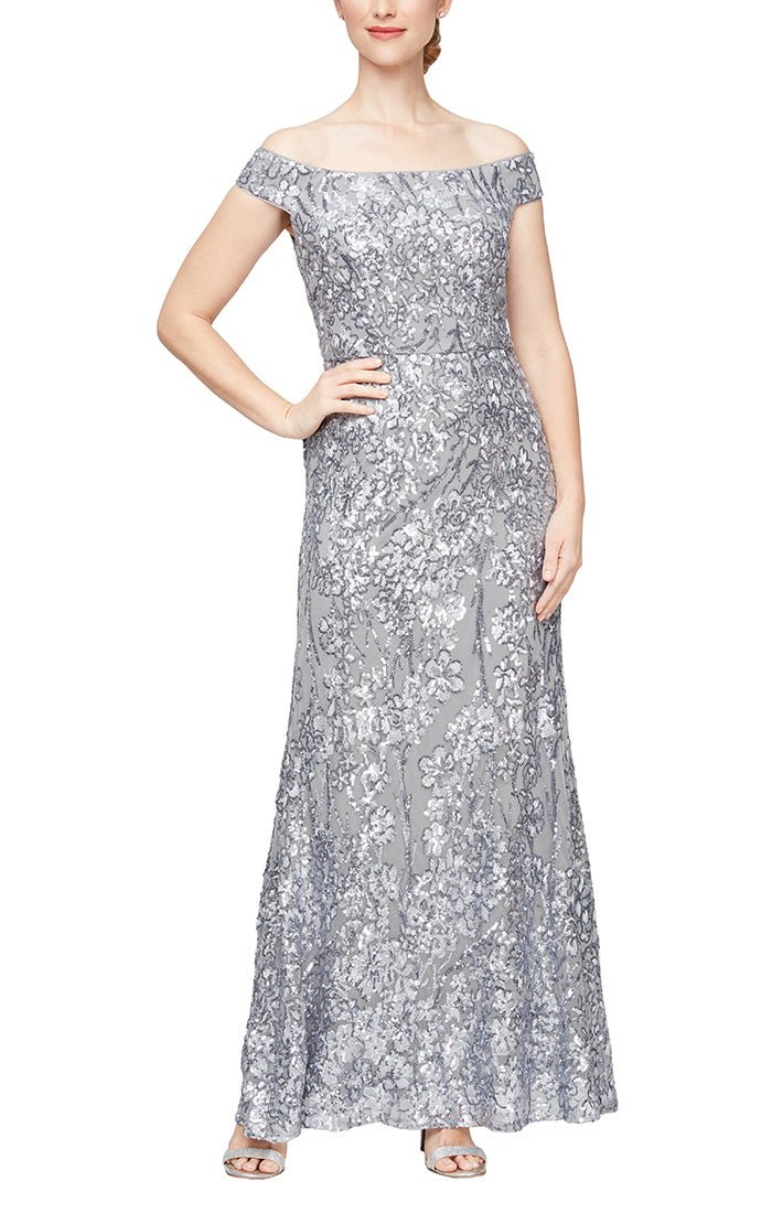 Long Embroidered Sequin Off the Shoulder Dress - alexevenings.com