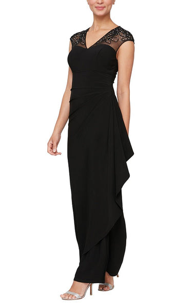 Long Empire Waist Dress with Embellished and Embroidered Illusion Neck –