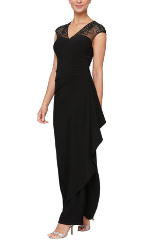 Long Empire Waist Dress with Embellished and Embroidered Illusion Neckline Back Detail and Cascade Detail Skirt
