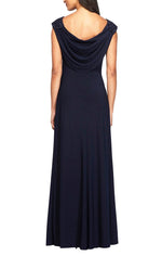 Long Empire Waist Lace and Jersey Gown with Side Ruched Skirt and Cowl Back Detail - alexevenings.com
