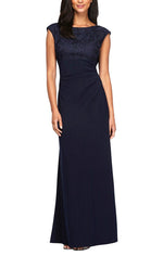 Long Empire Waist Lace and Jersey Gown with Side Ruched Skirt and Cowl