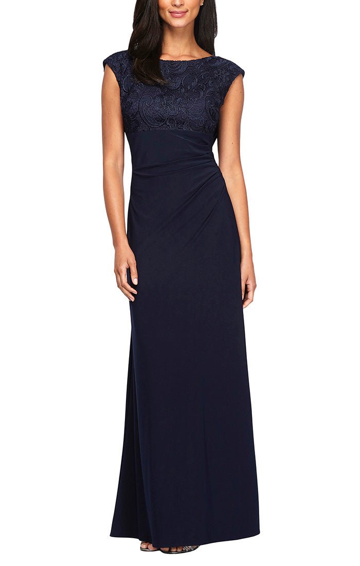 Long Empire Waist Lace and Jersey Gown with Side Ruched Skirt and Cowl Back Detail - alexevenings.com