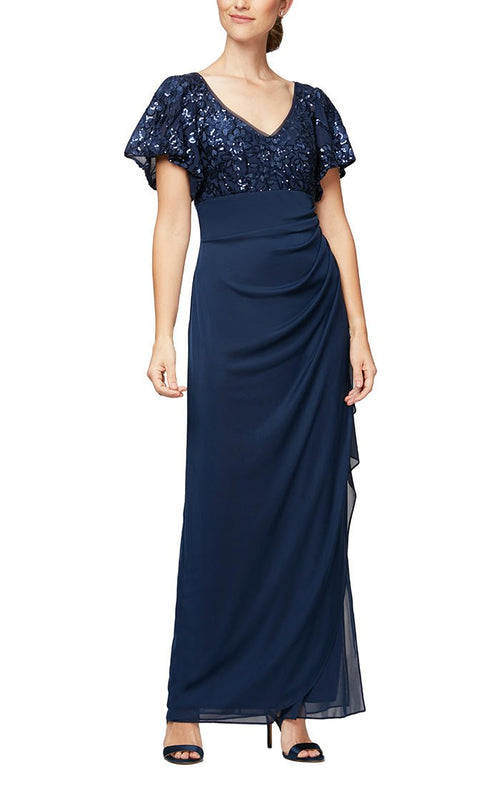 Long Empire Waist Mesh with Embroidered Sequin Bodice, Flutter Sleeves and Cascade Detail Skirt - alexevenings.com