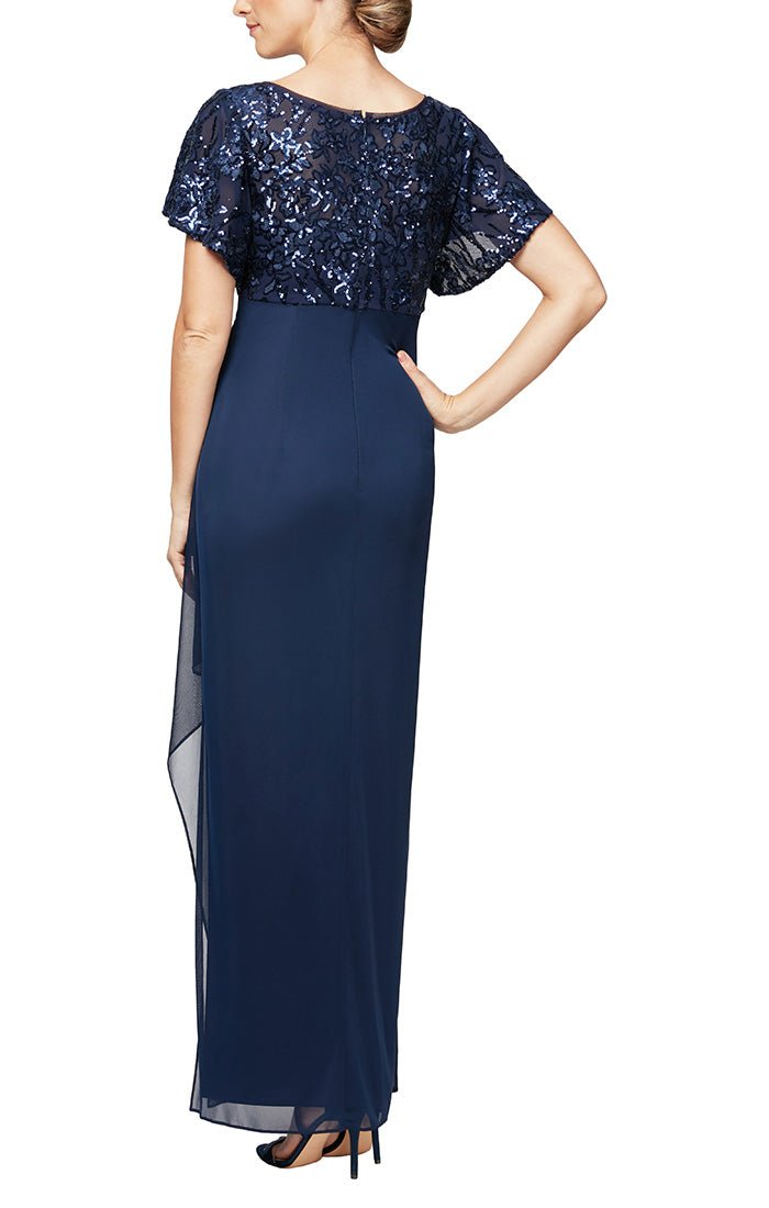 Long Empire Waist Mesh with Embroidered Sequin Bodice, Flutter Sleeves and Cascade Detail Skirt - alexevenings.com