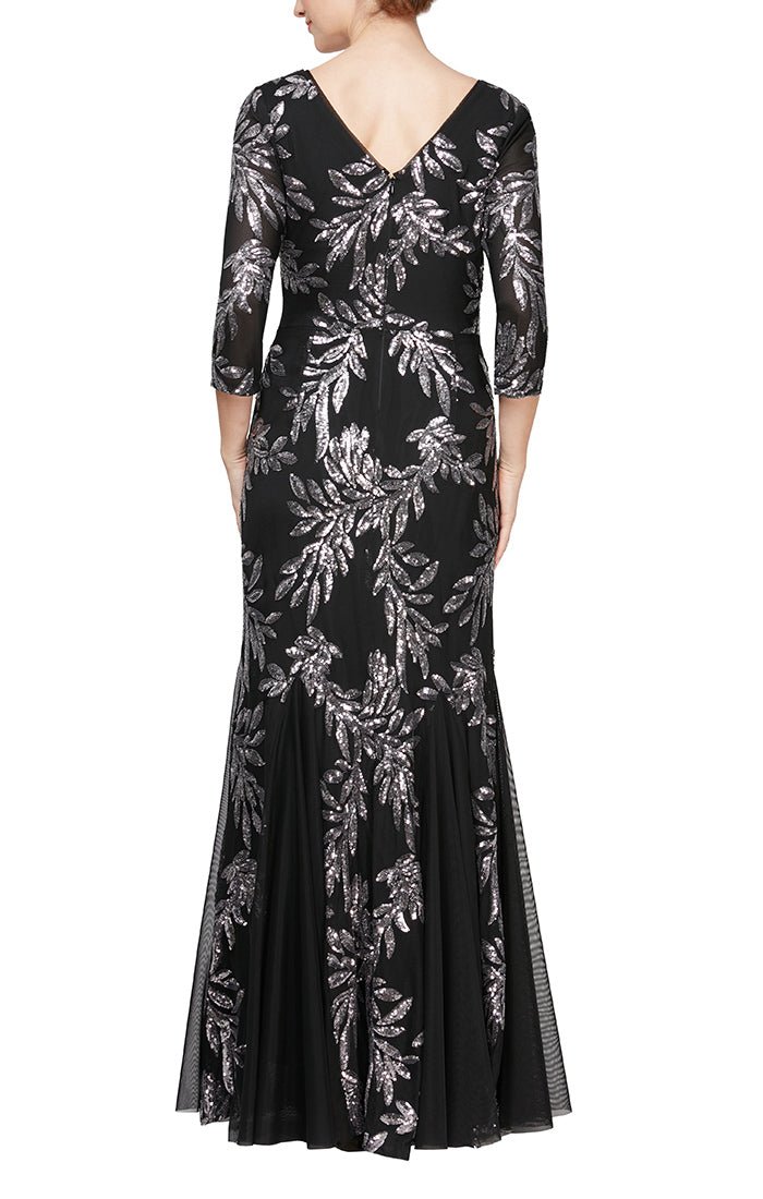 Long Fit and Flare Dress with Godet Detail Skirt and 3/4 Sleeves - alexevenings.com