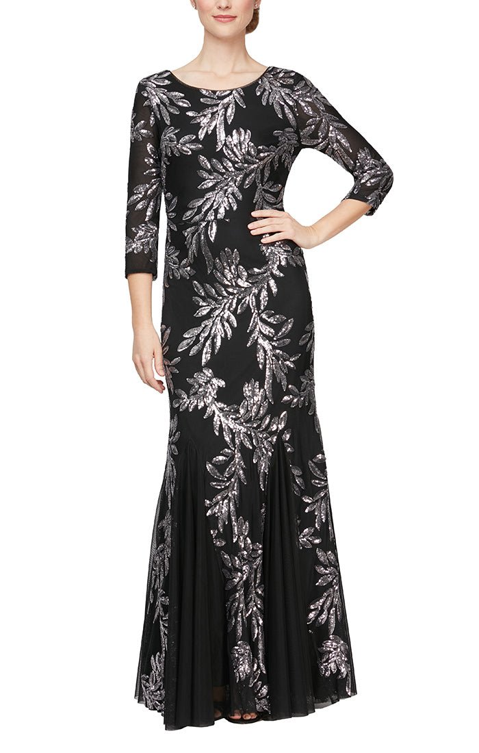 Long Fit and Flare Dress with Godet Detail Skirt and 3/4 Sleeves - alexevenings.com