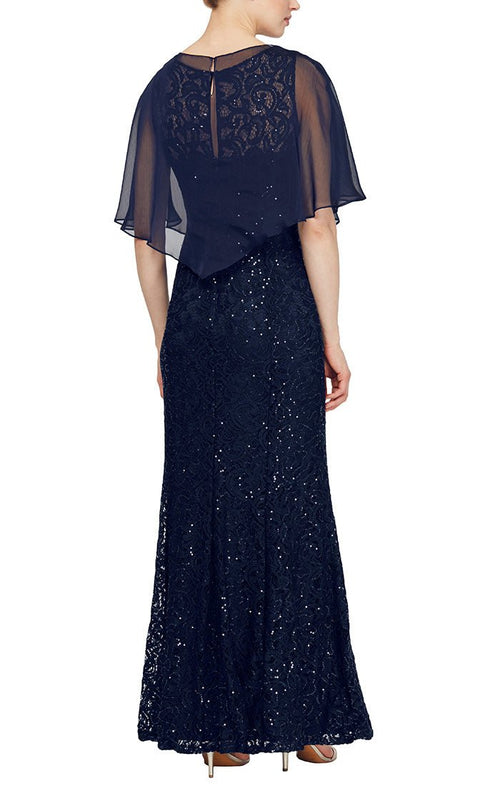Long Fit and Flare Lace Gown with Beaded Chiffon Capelet Overlay - alexevenings.com