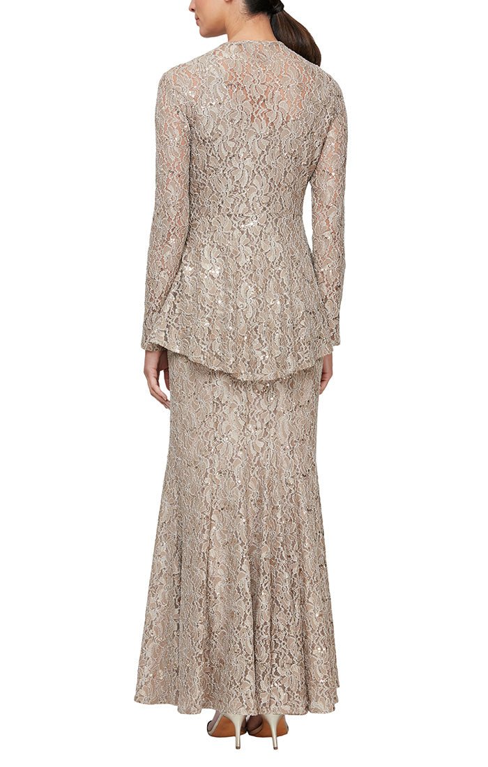Long Fit and Flare Lace Jacket Dress With Center Front Embellished Cascade Detail Jacket - alexevenings.com