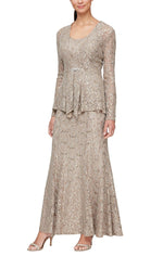 Long Fit and Flare Lace Jacket Dress With Center Front Embellished Cascade Detail Jacket - alexevenings.com
