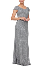 Long Fit & Flare Scoop Neck Sequin Gown with Cap Sleeves - alexevenings.com