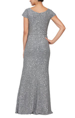 Long Fit & Flare Scoop Neck Sequin Gown with Cap Sleeves - alexevenings.com