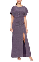 Long Flutter Sleeve Metallic Knit Dress with Ruched Waist Detail & Front Slit - alexevenings.com